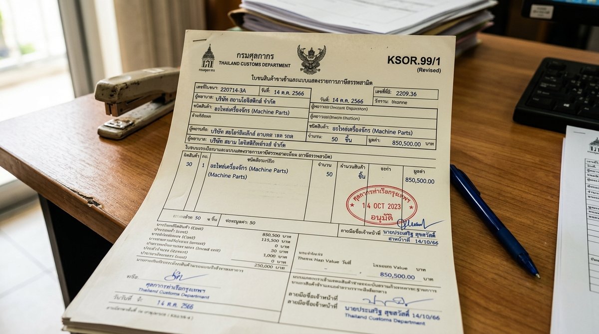 Unsplash-style photo of government customs form KSOR.99/1 on desk, detailed import declaration docum