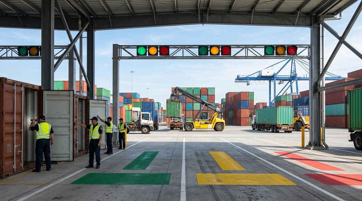 Unsplash-style photo of modern port inspection area with green yellow red lane signs, customs office