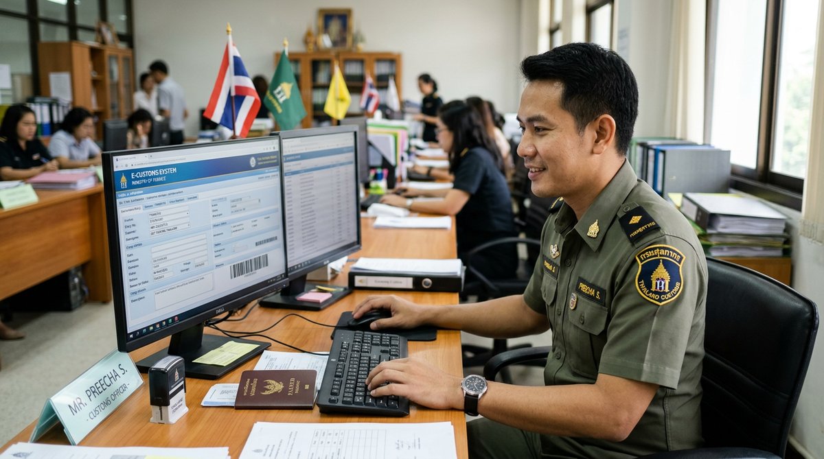 Unsplash-style close-up photo of customs officer working at desk with computer showing e-Customs sys