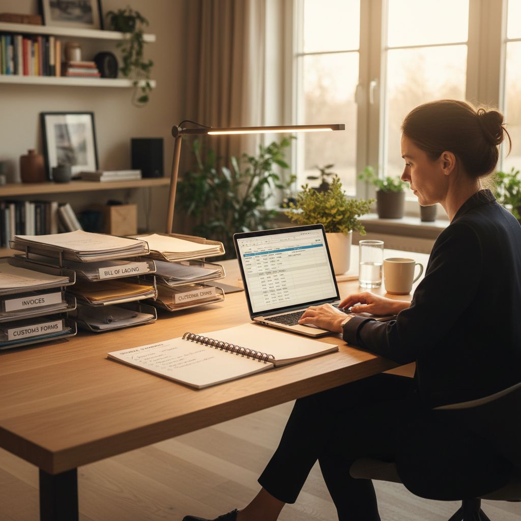 Unsplash-style photo of import-export business owner at home office desk reviewing shipping document