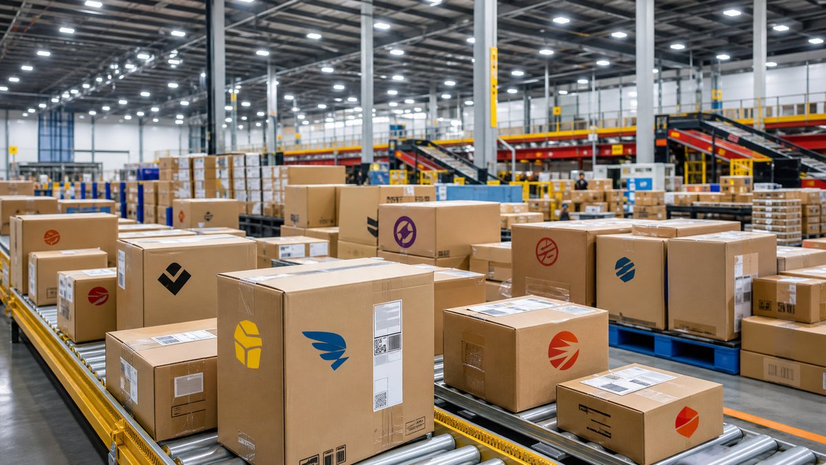 Modern logistics warehouse with rows of packages and shipping labels, bright industrial lighting, Ch