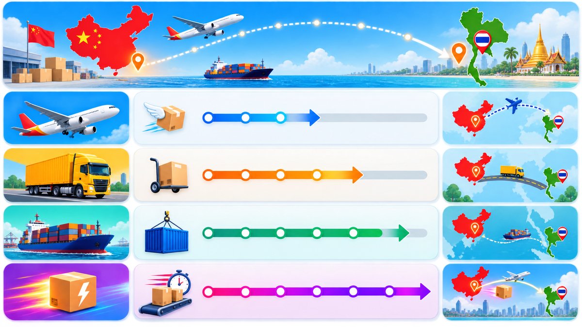 Infographic comparison table showing shipping timelines from China to Thailand, clean modern design