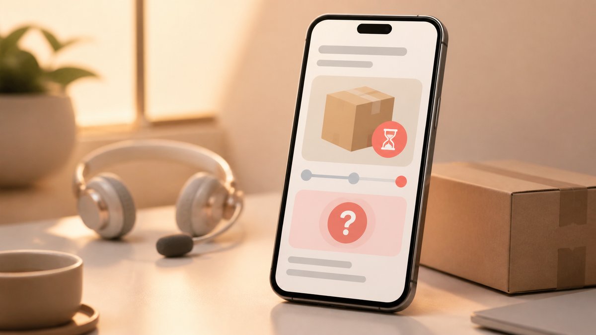 Customer service concept with a smartphone showing a delayed package notification, modern minimal de