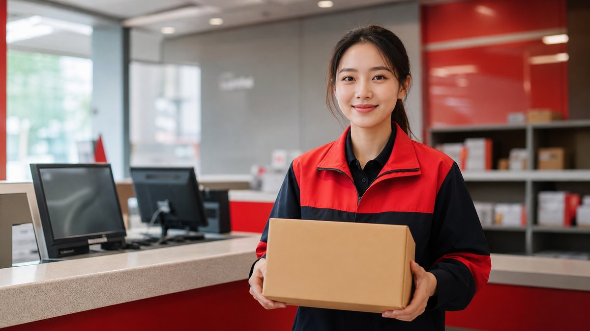 A Thai postal worker holding a package at a modern post office counter, warm friendly atmosphere, cl