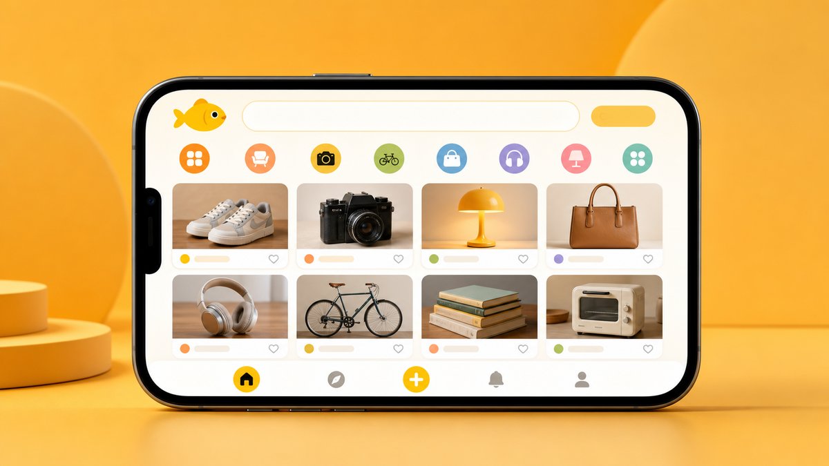 Xianyu app interface mockup showing yellow fish logo on smartphone with second-hand items catalog, w