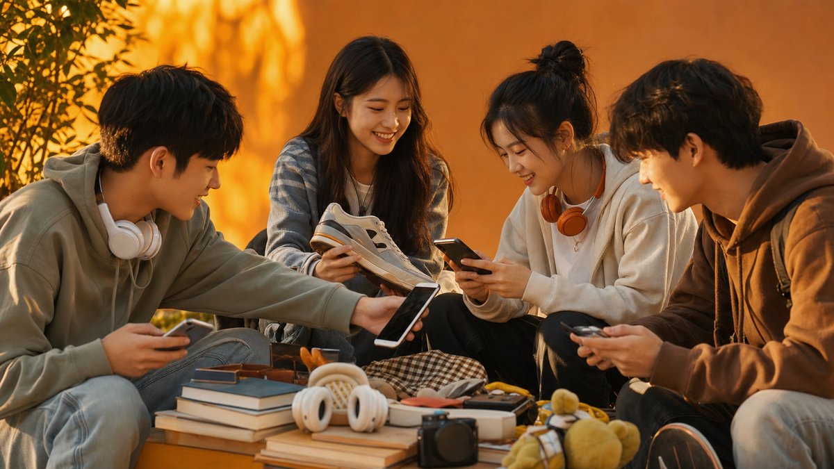 Chinese Gen Z teenagers happily browsing and trading second-hand items on their phones, colorful cas