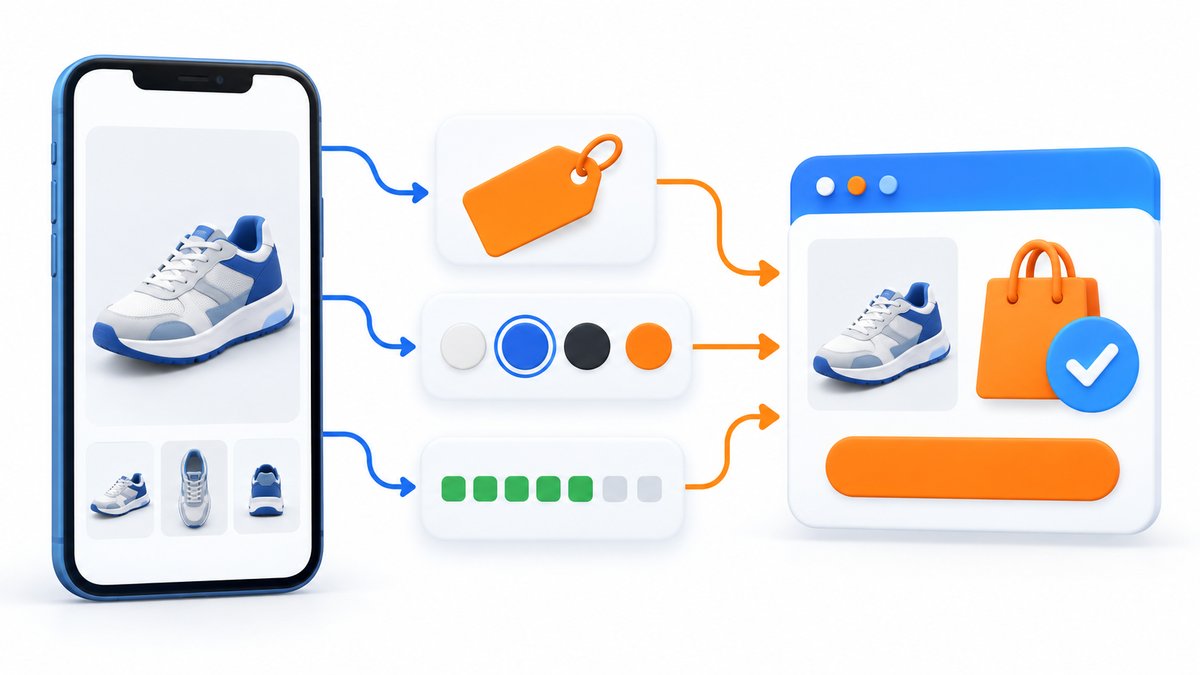 Clean business-friendly product data illustration with a smartphone showing a generic product photo,