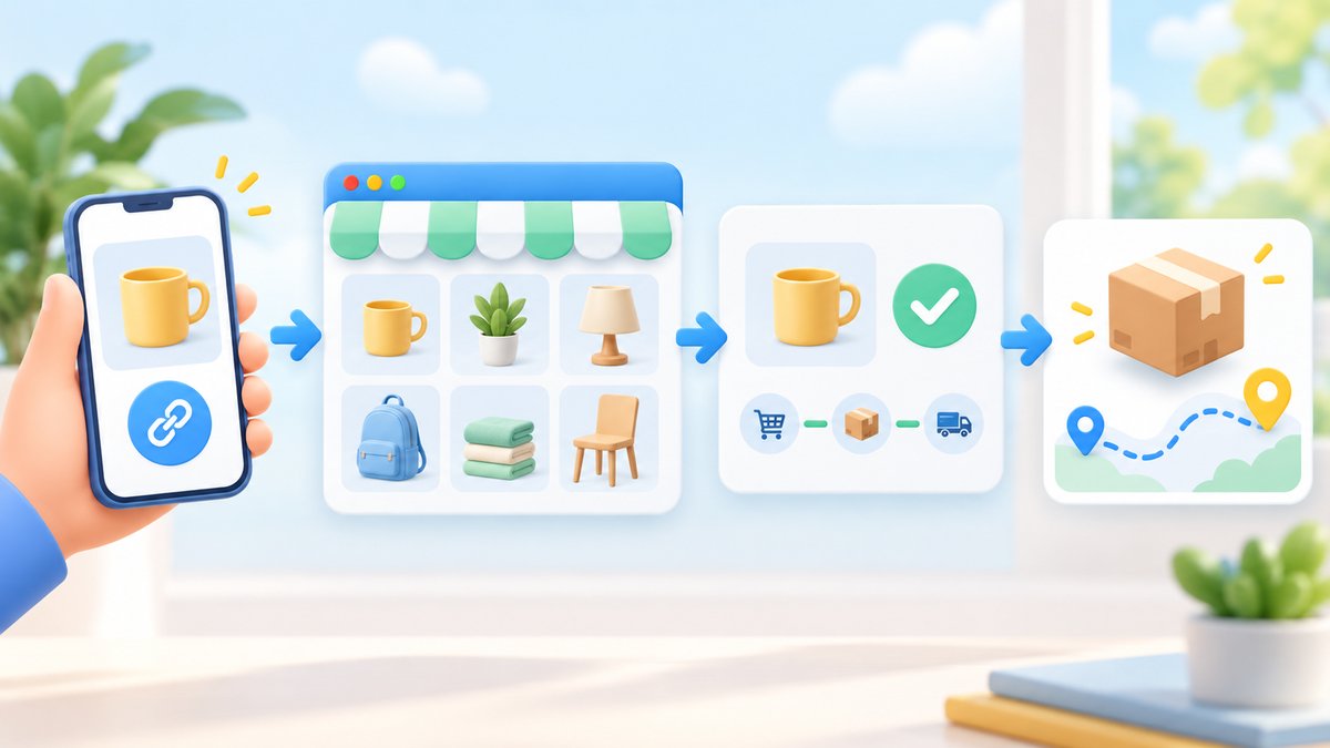 Friendly e-commerce workflow illustration showing a smartphone product link moving into a clean onli
