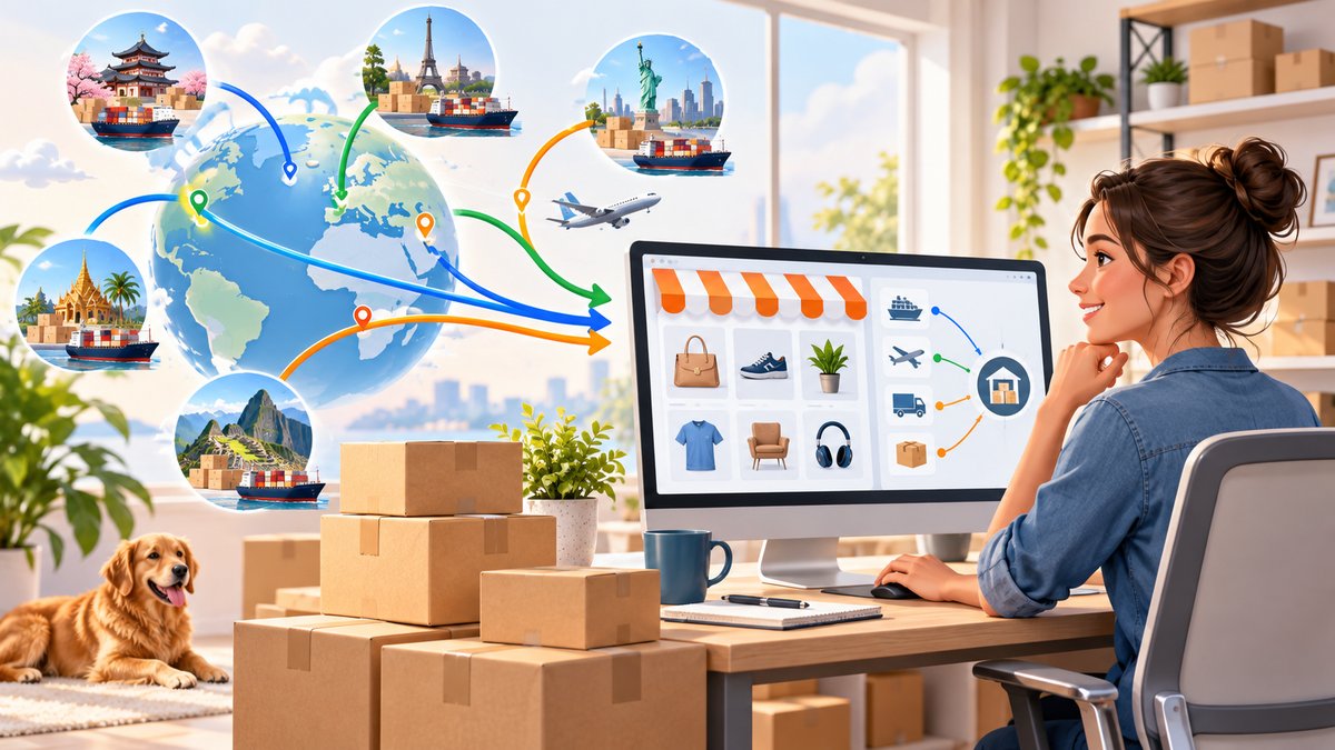 Bright premium business illustration showing multiple country source routes converging into one impo