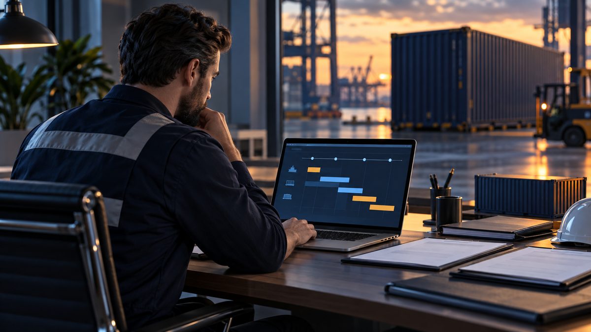 Cinematic editorial logistics cover, one operations manager reviewing a clean shipment timeline on a