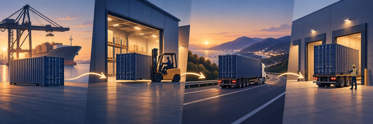 Clean premium editorial illustration of one freight shipment moving through four simple physical mil