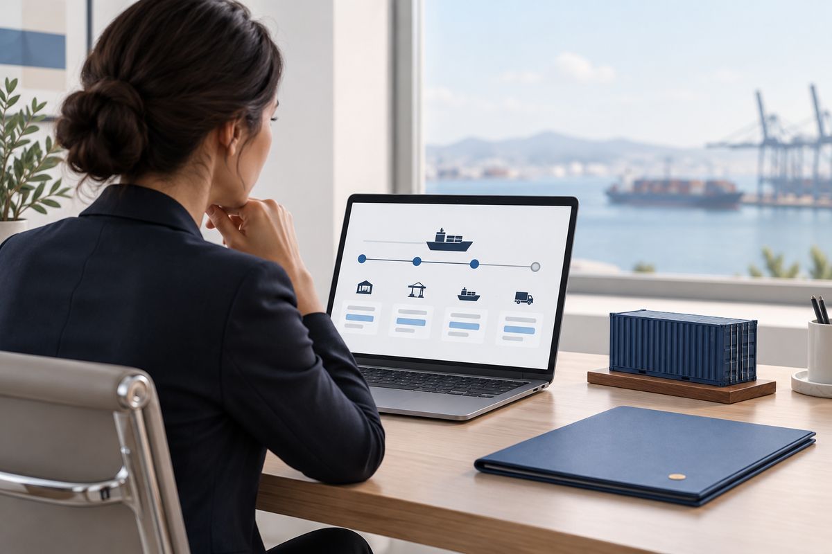 Clean editorial illustration of an operations manager reviewing one import shipment timeline on a la