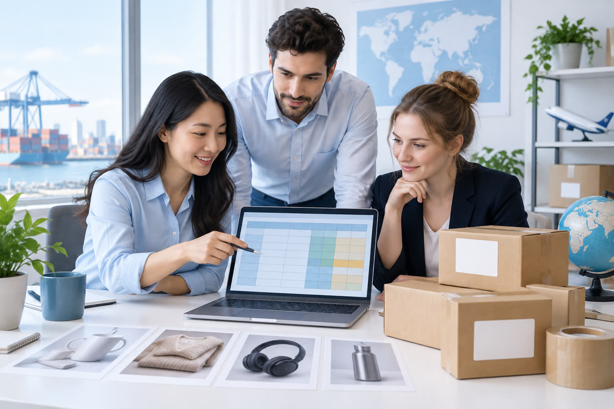 Clean bright business workspace showing a small import team reviewing an organized spreadsheet besid