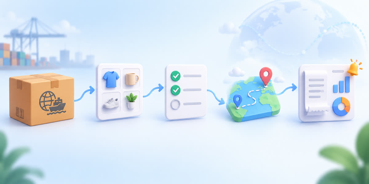 Bright premium SaaS visual showing one import order flowing through product data, order review, parc