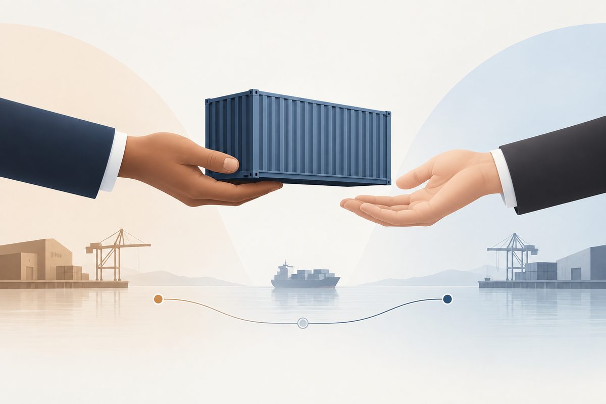 Clean professional editorial illustration of a shipment handoff between seller and buyer, a single c