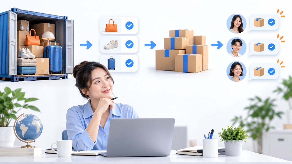 Editorial SaaS marketing visual of a Thai import business owner reviewing one clear workflow from pr