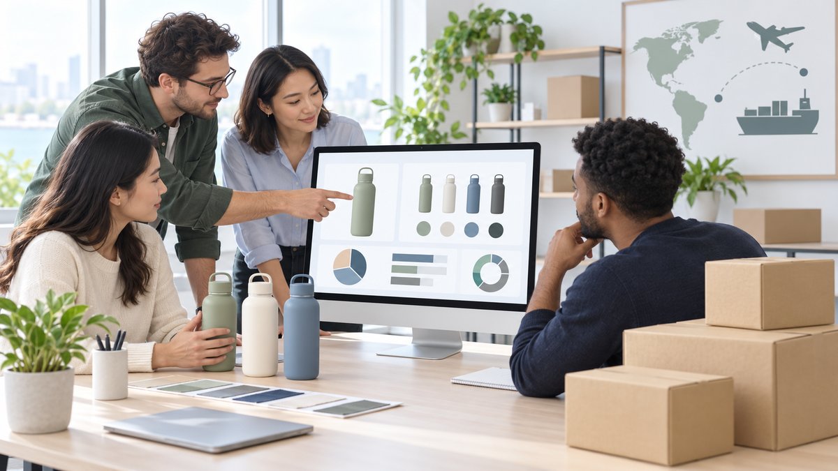 Clean editorial illustration of an import operations team checking a product order, variant details