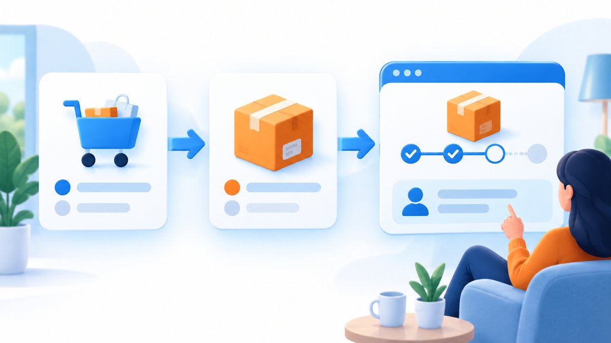 Premium business illustration of linked order and parcel records with a customer status page, one cl