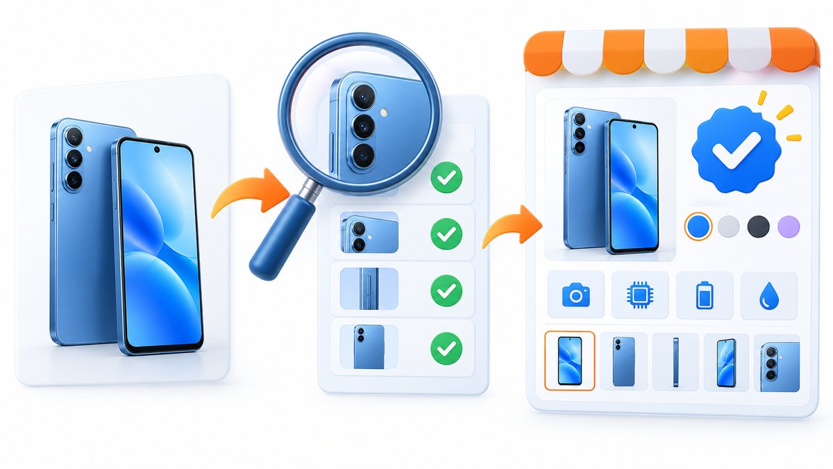 Editorial how-to visual of a smartphone product photo becoming a carefully verified Chinese product