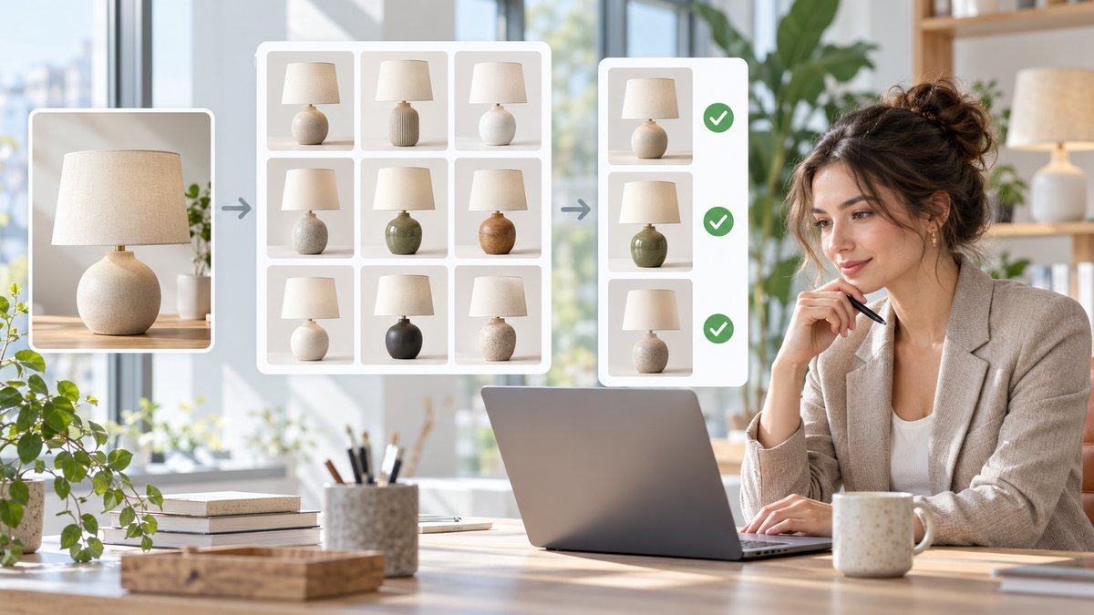 Clean visual search workflow illustration with a product photo, similar product results and a shortl