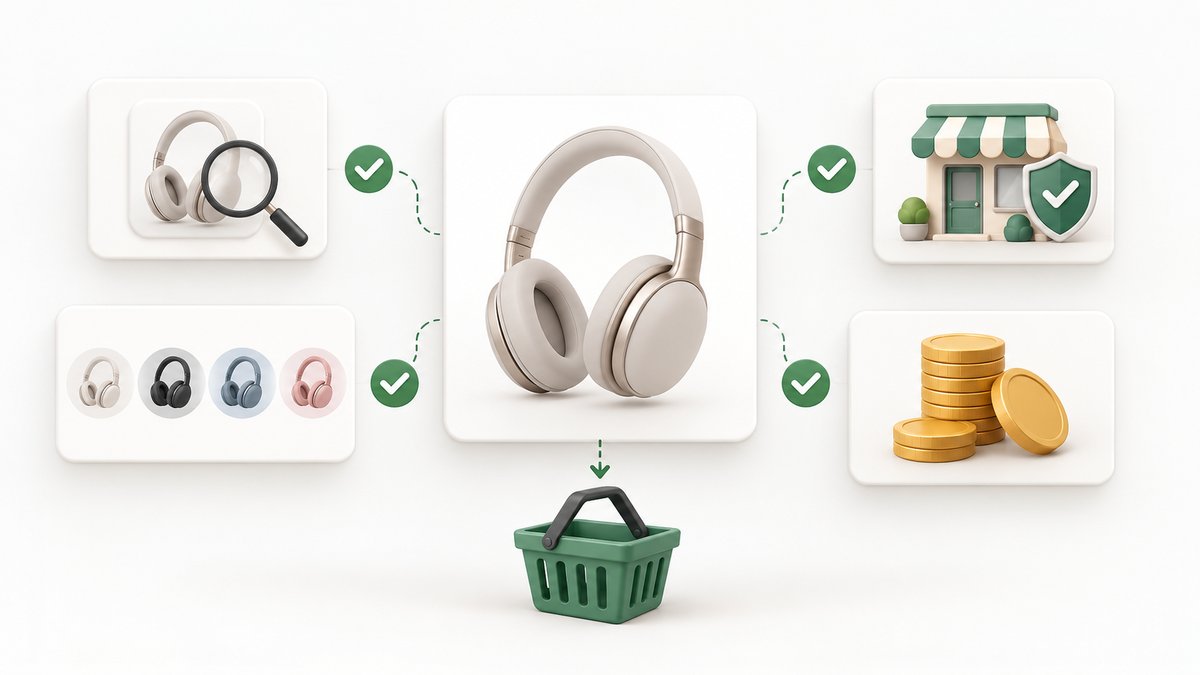 Premium business illustration of product verification with image, variant, seller and cost checks be