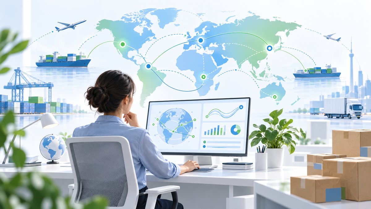 Bright editorial SaaS visual of an operations manager overseeing import workflows across several cou