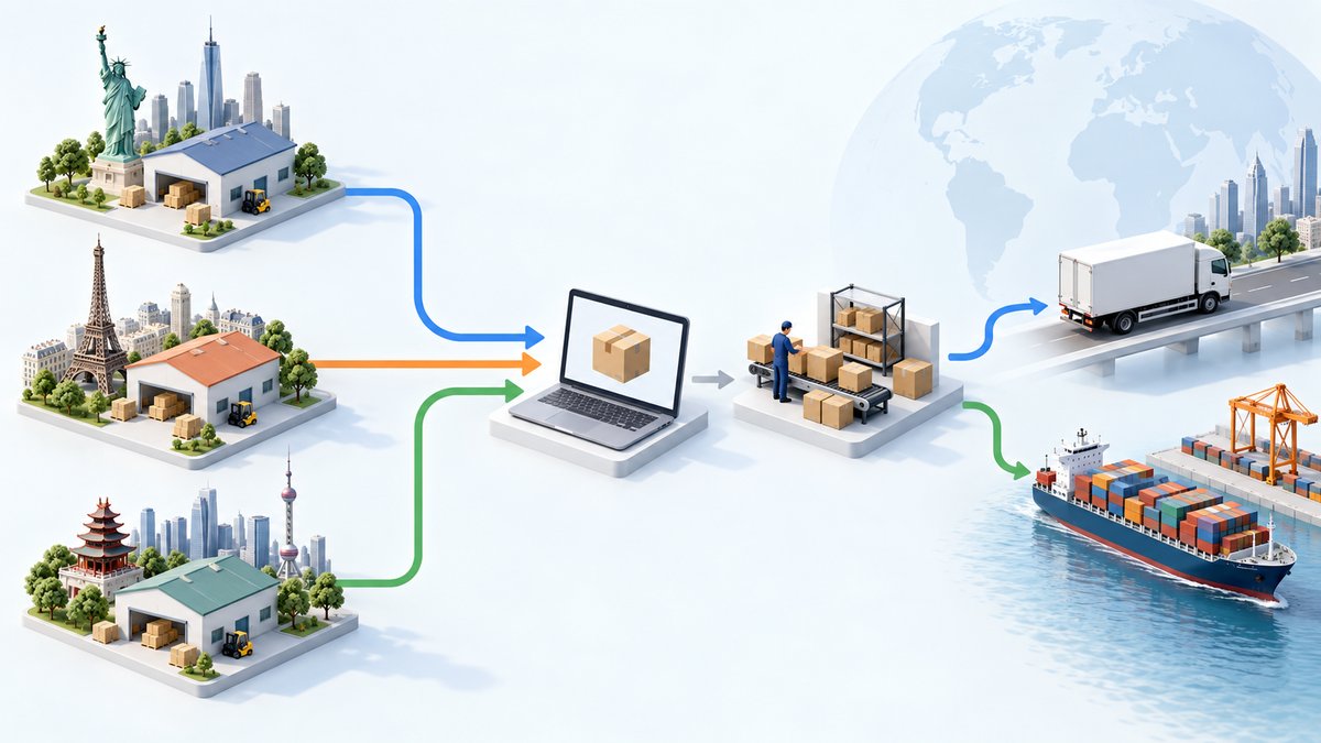 Clean business illustration of different country operations using one standard order and shipment wo