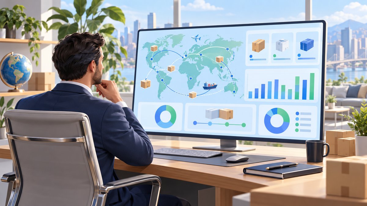 Premium SaaS illustration of an executive reviewing cross-country order, parcel and cost reports in