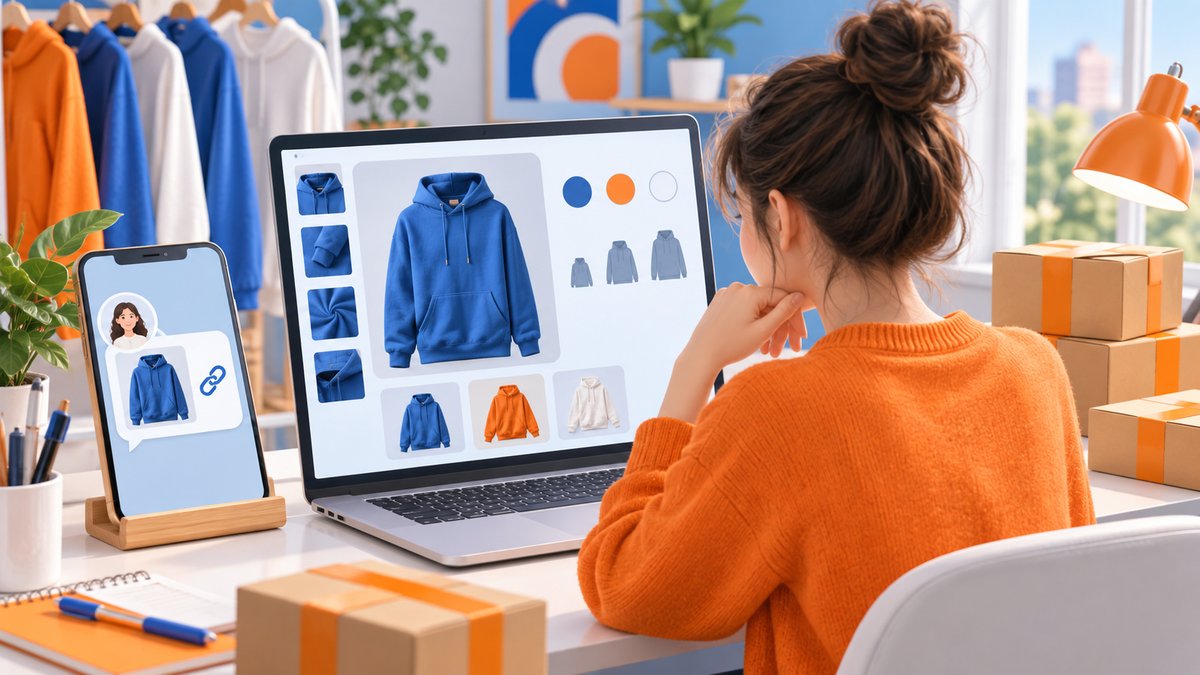 Editorial e-commerce visual of a pre-order business owner reviewing a customer product link from Tao
