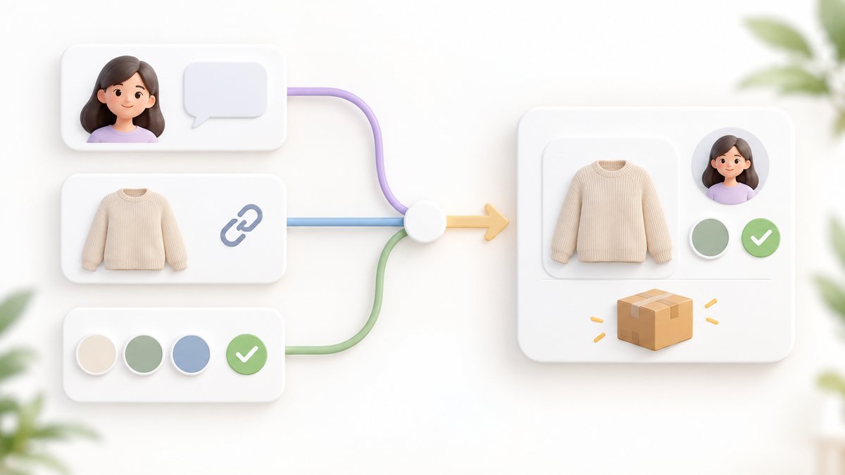 Clean illustration of customer request, product link and variant confirmation becoming one pre-order