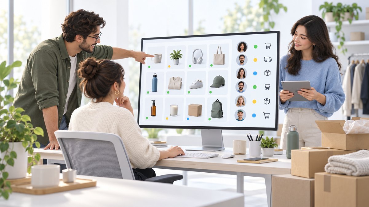 Premium SaaS visual of a small online shop team checking retail product orders and customer updates